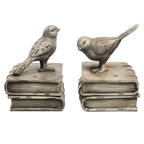 MyGift Vintage White Resin Decorative Bookends for Heavy Books with Bird and Book Design, 1 Pair