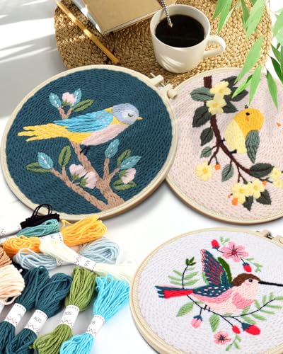 TINDTOP 3 Sets Punch Needle Kits, Panda Punch Embroidery Kits for Adults Beginner, Tool with Punch Needle Fabric, Hoops, Yarns and Sewing Needles (Bird) TINDTOP