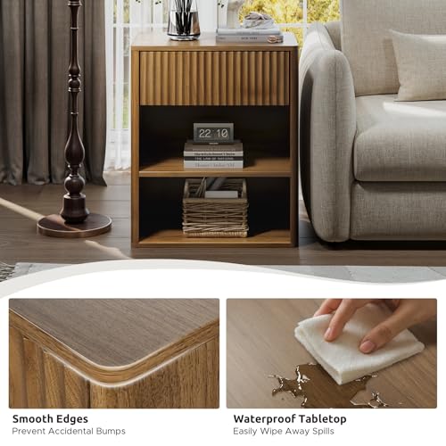 Nightstand Bedside Table Storage Drawer - Large Mid Century Modern Night Stand with Fluted Wood Storage Drawer and Open Shelf Bed Side Table for Bedroom Study Room, Walnut Brown, Set of 1 Lazzanto