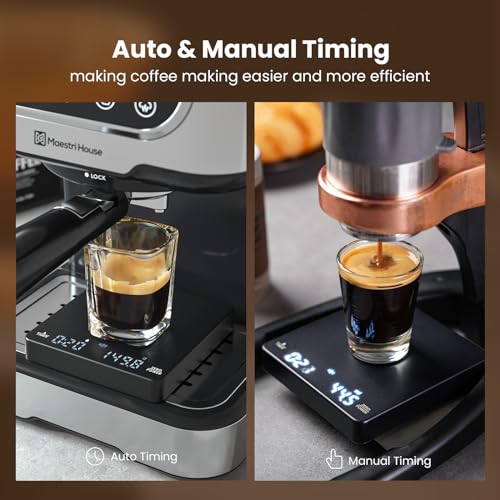 Mini Coffee Scale with Timer, Maestri House Rechargeable Espresso Scale, 2kg/0.1g Accurate Scale for Espresso and Pour-Over Coffee, Portable Digital Kitchen Scale with Automatic Timing-Black