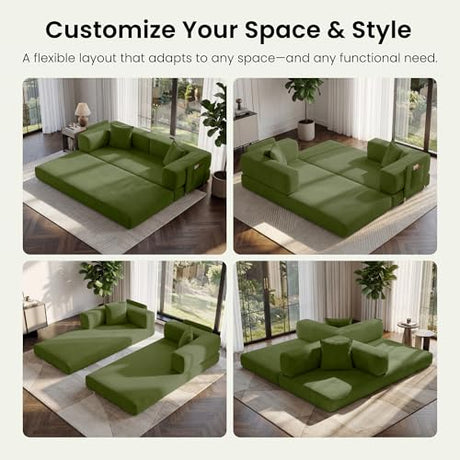 CUBENTE 78.8" Convertible Sofa Bed,Corduroy Futon Couch with Storage Pocket,Folding Pull Out Futon Sofa,No Assembly Boneless Couch for Living Room,Green CUBENTE