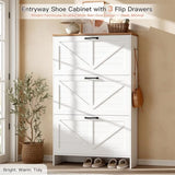 Nicetree Shaker Barn Door Shoe Cabinet, 3 Flip Drawers & 3Tier Adjustable Shelves, Ultra Slim Freestanding, Modern Rustic Brushed White Farmhouse Shoe Rack for Entryway, Hallway, Foyer & Mudroom White Nicetree