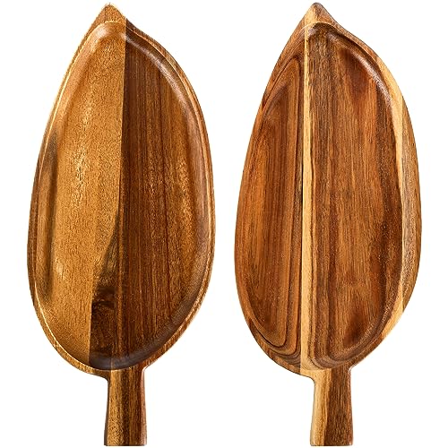 Youeon 2 Pcs Acacia Wood Serving Platters, 13" x 5.5" Leaf Shaped Food Serving Trays for Entertaining, Small Cheese Platter Board for Fruit, Charcuterie, Dessert, Appetizer Youeon