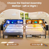 Hasuit Corner Bed Frame Full with 2 Drawers and Storage Bookcase, Daybed with Charging Station and LED Lights, Metal Platform Bed with Bookshleves, Full Size Bed Frame for Kids Teens Guests, Black Hasuit