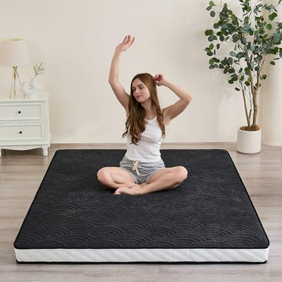 Zelladorra Japanese Floor Mattress, Quilted Futon Mattress with Anti-Slip Bottom, Foldable Floor Bed with Storage Bag and Straps, (Black, Twin)