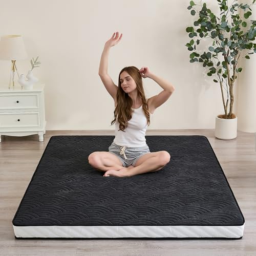 Zelladorra Japanese Floor Mattress, Quilted Futon Mattress with Anti-Slip Bottom, Foldable Floor Bed with Storage Bag and Straps, (Black, Full) Zelladorra