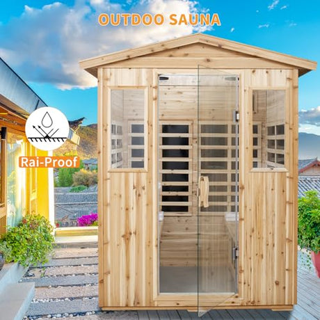 Infrared Sauna Wooden Sauna Room,Outdoor Sauna 4 Person Infrared Saunas for Home,Low Emf Infrared Sauna 2050W 2 Bluetooth Speakers, 2 LED Reading Lamp KOOZONEGM