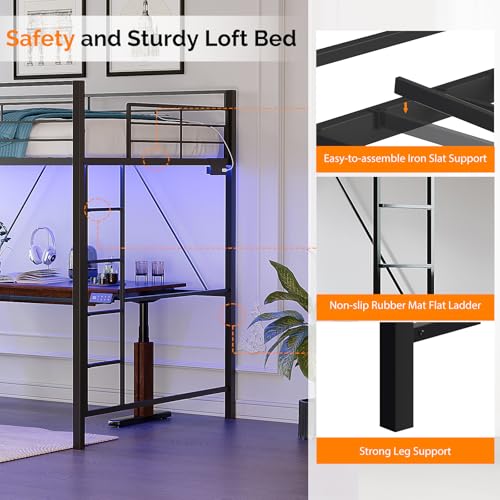 VINGLI Loft Bed Twin Size with 15 Inches Safety Guardrail, Flat Rungs, LED Lights and Charging Station, Heavy Duty Metal Single High Sleeper for Small Space Saving, Kids room and Dorm Apartment, Black VINGLI
