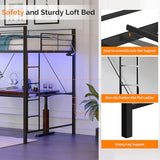 VINGLI Loft Bed Twin Size with 15 Inches Safety Guardrail, Flat Rungs, LED Lights and Charging Station, Heavy Duty Metal Single High Sleeper for Small Space Saving, Kids room and Dorm Apartment, Black VINGLI