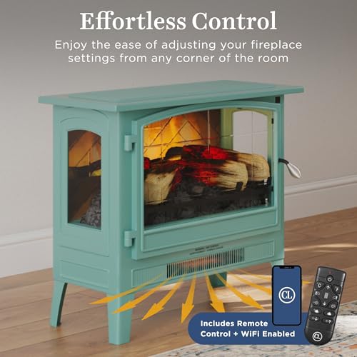 Country Living Infrared Freestanding Electric Fireplace Stove Heater in Mineral Blue | Multiple Flame Colors, Metal Design with Faux Wooden Logs | Alexa/WiFi Enabled, Remote Control Country Living