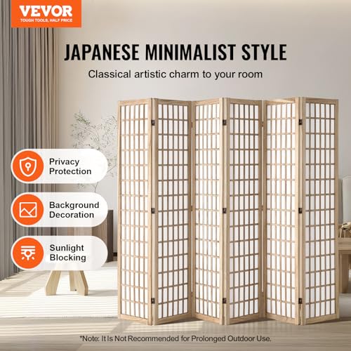 VEVOR Room Divider, 6 Panel Japanese Room Divider, Wood Folding Privacy Screen Indoor, Partition Dividers Portable Decoration Screens, for Room Separation Home Office Restaurant & Bedroom(Natural) VEVOR