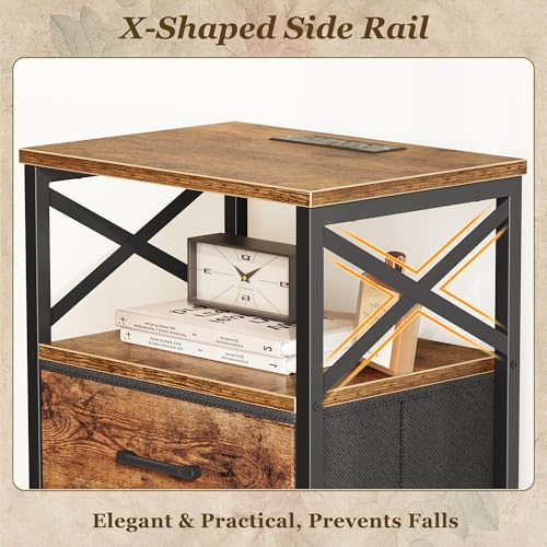 Huuger Nightstands Set of 2, Night Stand with Charger Station, 2 Drawer Side Table with Open Shelf, USB-C Port, End Table for Small Spaces, X Shaped Side Rail, Rustic Brown Huuger