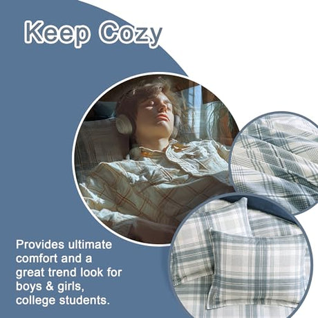 AMBERSPACE Twin XL Comforter Set, Blue Grey Plaid Bedding Set 5 Piece for Boys Girls Teen, Classic Homestead-Style Kids Comforter Set Bed in A Bag with Sheets, Pillowcase & Sham AMBERSPACE