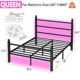 CLIBFENG Queen Bed Frame with Headboard and Footboard,Steel Slats Support-LED Bed Frame with USB Charging Station,Mattress Foundation-Under Bed Storage,No Box Spring Needed,Noise Free,Black CLIBFENG