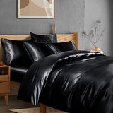 Manyshofu 6Pcs Black Satin Duvet Cover Set Queen Size with Satin Fitted Sheet - Not Comforter, Silky Comforter Cover Set Queen Duvet Covers and Sheets (4 Pillowcases, 1 Duvet Covers, 1 Fitted Sheet) Manyshofu