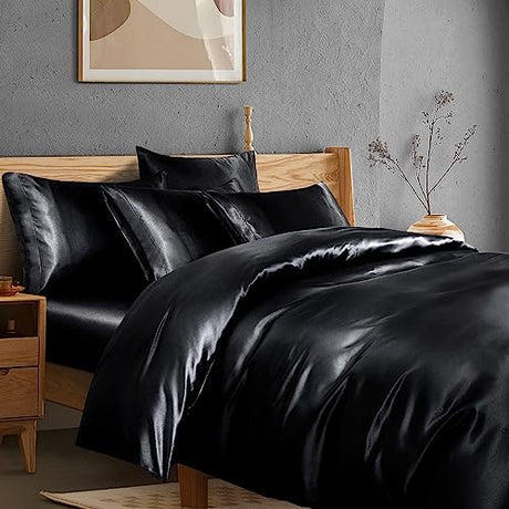 Manyshofu 6Pcs Black Duvet Cover Set King Size - Satin Fitted Sheet & Pillowcases, Cooling & Silky Comforter Cover Set Manyshofu