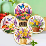 Zhenqing Butterfly Flower Embroidery Kit 4 Pack, Beginner Floral Craft Set with 20cm Hoop, Printed Patterns on 29x29cm Cotton Fabric, DIY Nature Design (JC0083)