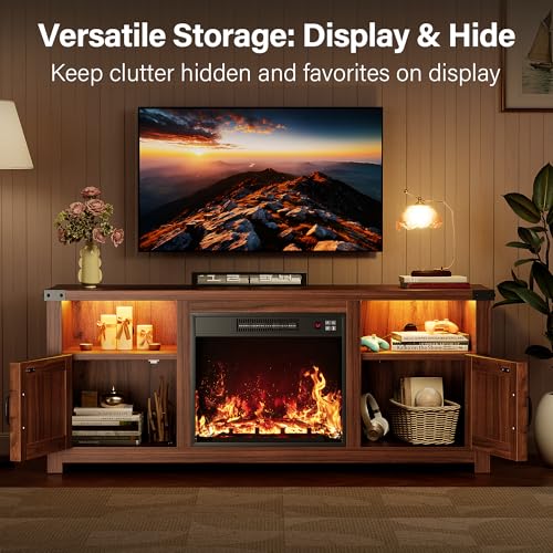 YESHOMY LED Fireplace TV Stand with Mood Lighting, TV Cabinet with Open Shelf, Farmhouse Media Console with Hidden Cable Routing, Entertainment Center for Televisions up to 65+ Inch, Walnut YESHOMY