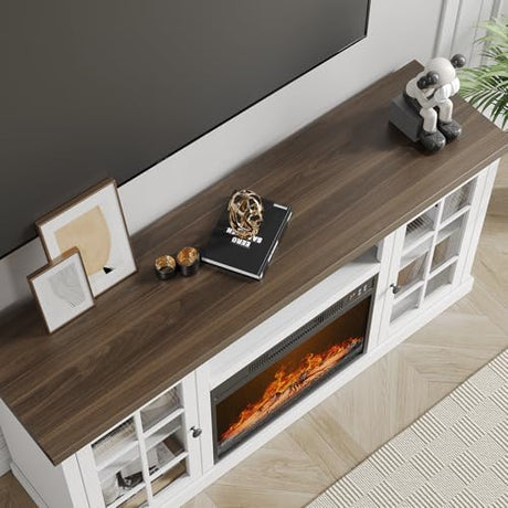 ONBRILL 59 Inch Fireplace TV Stand, Entertainment Center with 23 Inch Electric Fireplace, TV Table for TVs up to 65 Inches, Media Console Cabinet with Storage and Glass Doors for Living Room, White ONBRILL