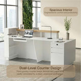 ZIMASYA 86.6" L-Shaped Reception Desk with Counter, Modern Commercial Front Desk with Power Outlets, Combination Lock Drawers, LED Lights for Office, Beauty Salon, Retail Store, White