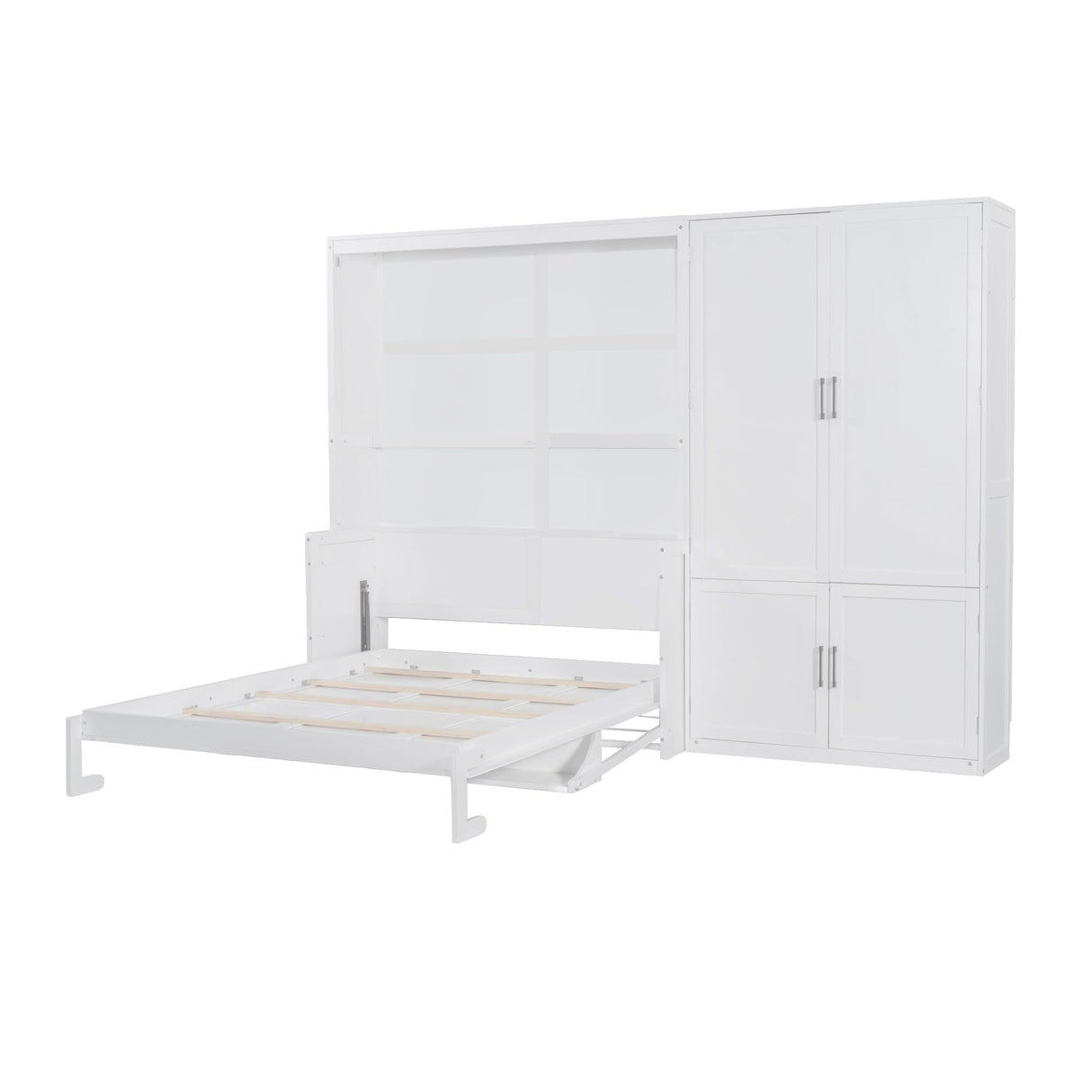 Ball & Cast Queen Size Murphy Bed Wall Bed with Built-in Wardrobe Storage and Hydraulic Lift System,Wood Hideaway Cabinet Platform Bedframe w/Slat Support,can be Folded,for Small Room,Dorms,White Ball & Cast