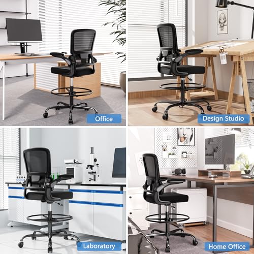 Ergonomic Drafting Chair with Footrest,Tall Office Chair for Standing Desk with Flip-up Armrests with Breathable Comfy Mesh Support and Adjustable Foot Rest Ring(Black) Alolo