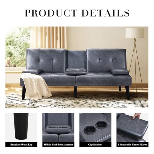 COLAMY Futon Sofa Bed-Leather Small Futon Couch, Futon Lounge Sofa, Futon Convertible with Cup Holder, Removable Armrest, Adjustable Backrest Darkgrey - WoodArtSupply