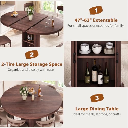 Jocoevol 47″–63″ Extendable Round Dining Table for 4–8 with Dust-Proof 2-Tier Storage Shelf Space Saving Expandable Wood Oval Circle Dinner Furniture with Pedestal Base (Black) Jocoevol