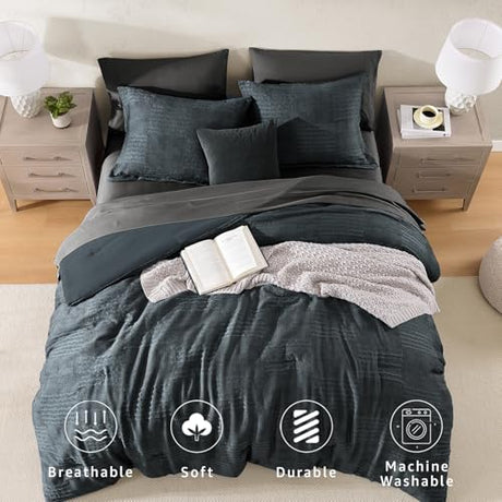 MaiRêve Queen Comforter Set Blue Grey, Textured Design Crinkle Bedding Sets 7 Pieces, All Season Bed in A Bag with Comforter, Sheets, Pillowcases & Shams MaiRêve