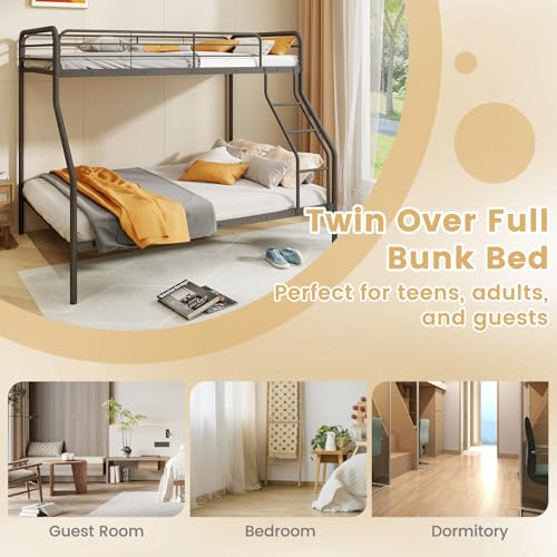 Giantex Metal Bunk Beds Twin Over Full Size, Heavy Duty Bunk Bed for Teens Adults with Ladder & Guardrails, Space Saving Metal Bunk Bed for Dorm, Bedroom, Apartment, No Box Spring Needed (Black) Giantex