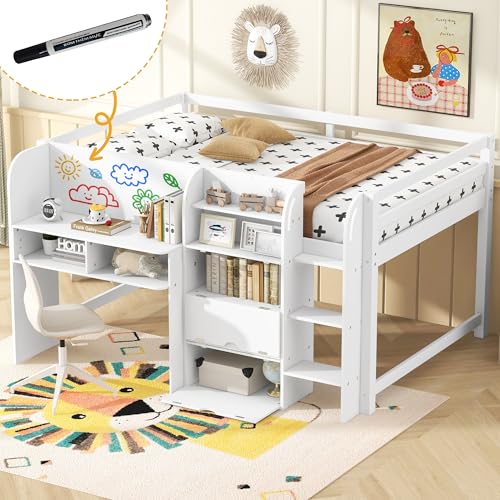 Merax Full Size Low Loft Bed with Built-in Desk,Storage Cabinets and Open Bookcase,Whiteboard for Graffiti,White Merax