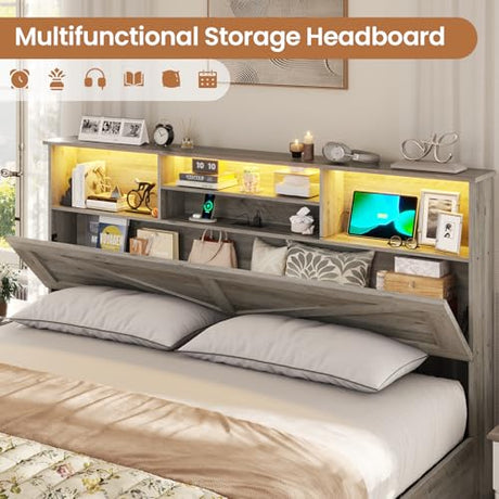 VIAGDO Farmhouse Bed Frame King Size with Bookcase Storage Headboard, Charging Station and LED Lights, Wooden King Bed Frame with 4 Drawers, Barn Door Design, No Box Spring Needed, No Noise, Grey VIAGDO