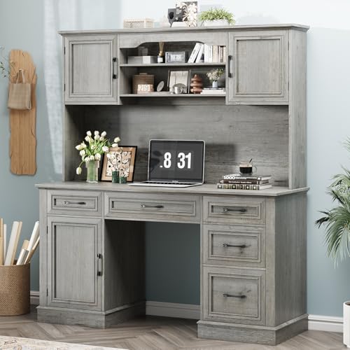67" H Farmhouse Executive Desk with Hutch. Wood Workstation with 5 Drawers, Storage Cabinet, File Drawers and Charging Station, Ideal as Office Desks, Computer Desk for Home Office and Study.Gray Halitaa