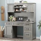 67" H Farmhouse Executive Desk with Hutch. Wood Workstation with 5 Drawers, Storage Cabinet, File Drawers and Charging Station, Ideal as Office Desks, Computer Desk for Home Office and Study.Gray Halitaa