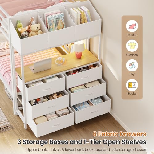 DICTAC Twin Over Twin Bunk Bed with 6 Storage Drawers,Led Lights and Charging Station Metal Bunk Beds with Side Bookcase,3 Storage Boxes &Shelf,L-Shaped bunk Bed with Safety Guardrail and Ladder,White DICTAC