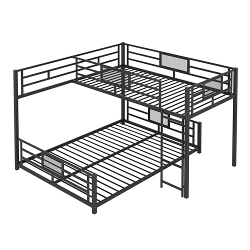 Merax L-Shaped Metal Twin Over Full Size Bunk Bed, with Staircase, Loft Platform Save Space No Box Spring Required, Black Merax