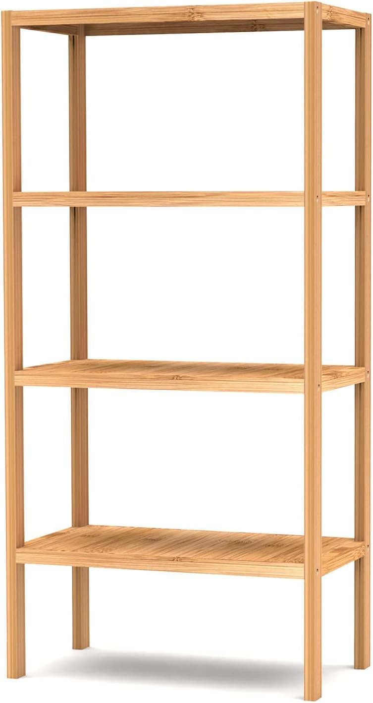 FoverOne 4 Tier Bamboo Shelf, Freestanding Book Shelf Bookcase Storage Rack for Bathroom Kitchen Living Room FoverOne