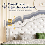 Allewie King Bed Frame with Adjustable Velvet Tiara Headboard, Upholstered Diamond Button Tufted Platform Bed, Wood Slats Support, No Box Spring Needed, Mattress Foundation, Easy Assembly, White Allewie