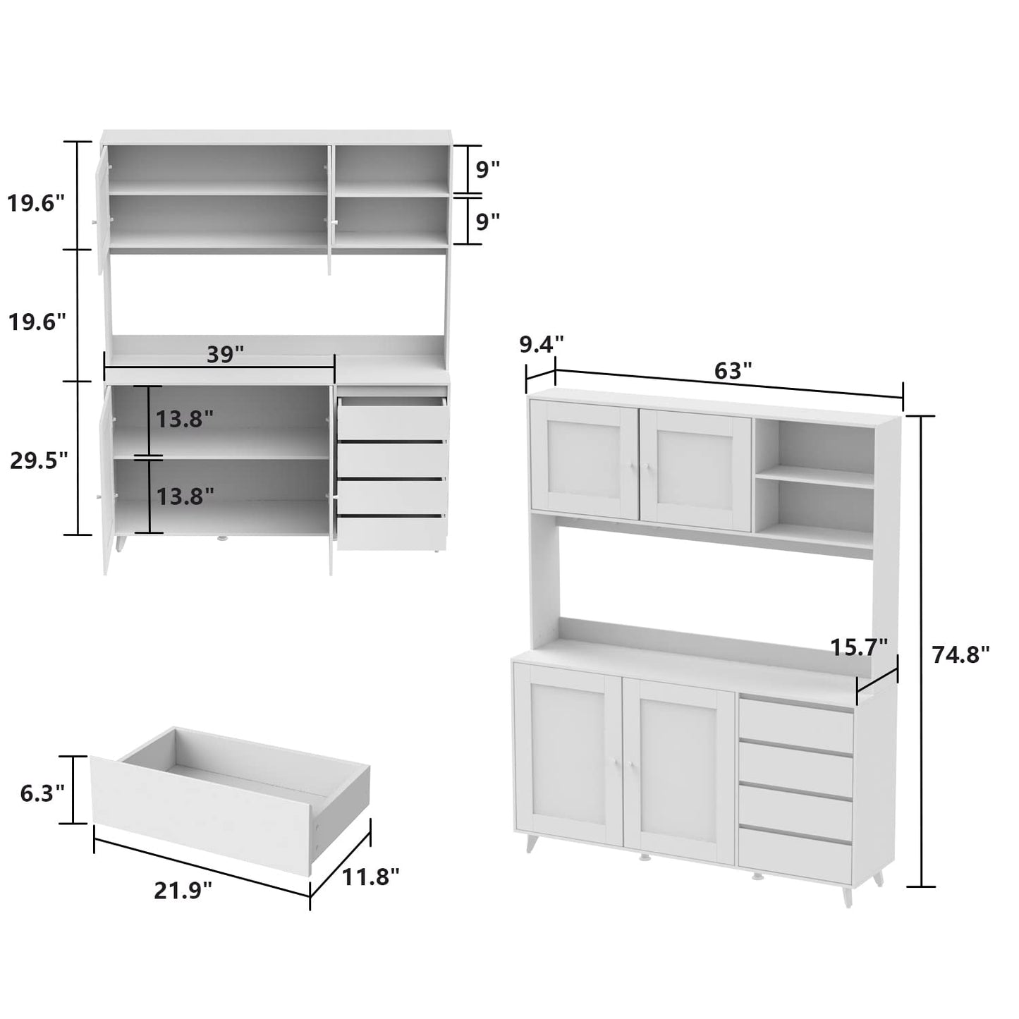 Overstock 63" W 74.8" W Buffet with Hutch, Freestanding Kitchen Pantry Dark Walnut - WoodArtSupply