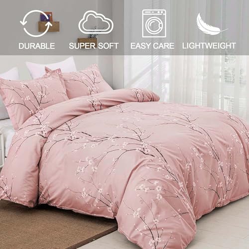 WONGS BEDDING Pink Floral Duvet Cover Set Twin,Reversible Flower Bedding Set with 1 Pillowcase, Pink Plum Flower Pattern Comforter Cover Set with Zipper Ties Soft Microfiber 68"x86"(Not Comforter) WONGS BEDDING