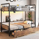 Jocoevol Metal LED Bunk Bed Twin Over Twin with 2 Storage Drawers, USB Charging Station, Industrial Bunkbeds Heavy Duty Bed with Safety Guardrail and Ladder, No Box Spring Needed, Vintage Brown Jocoevol