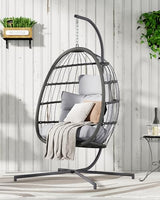 HWB Hanging Egg Chair with Stand, Swing Hammock Chair with Cushion for Indoor Outdoor, Patio Wicker Egg Swing Chair for Balcony Furniture, Light Gray HWB