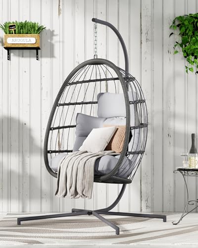 HWB Hanging Egg Chair with Stand, Patio Wicker Egg Swing Chair with Cushion for Bedroom Garden Indoor Outdoor (Grey) - WoodArtSupply