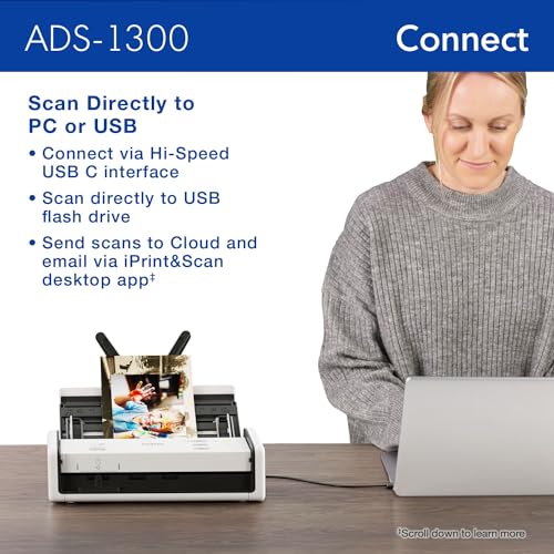 Brother ADS-1300 Compact Desktop Scanner | Scan Speeds of Up to 30ppm | Single Pass Double-Sided Scanning Brother