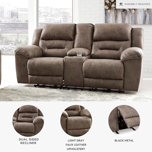 Signature Design by Ashley Stoneland Faux Leather Power Double Reclining Loveseat with Center Console, Light Brown Signature Design by Ashley