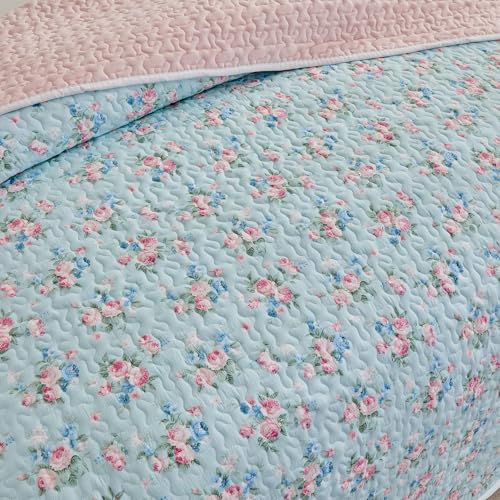 Joyreap Twin Size Floral Quilt Set for Girls, Pink Flowers on Blue Design, 3pcs Microfiber Lightweight Quilt Bedding Set, Bedspread Bed Cover for All Season- 68x88 inches Joyreap