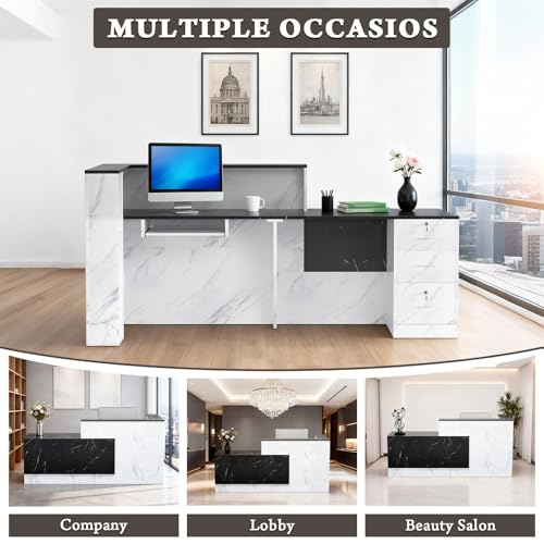 L-Shaped Modern Reception Desk with Counter & Storage - 71"/84" Large Office Front Desk, Salon Checkout Counter with Lockable Cabinets, Shelves & Drawers (Black & White, Left - 71''L x 34''W x 41''H) kaiwrxin