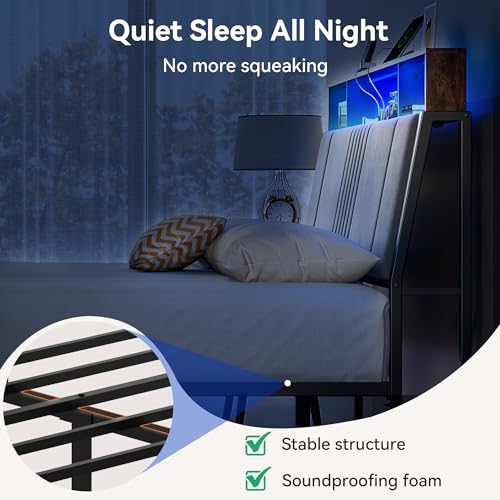 BedsPick Full Size Bed Frame with Ergonomic Headboard, Upholstered Metal Platform Bed Full with 2-Tier Storage, Charging Station, Smart LED Lights, Easy Assembly, No Box Spring Needed, Gray BedsPick