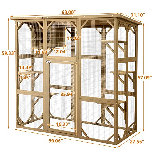 Grepatio Cat Enclosure Large Outdoor Catio Wooden Cat House with Weatherproof, Cat Cage Condo Indoor Playpen with Platform and Small House (Natural) Grepatio