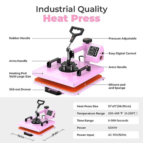 Pro 15x15 Heat Press with 30 OZ Tumbler Attachment, 8in1 Combo Tumbler Heat Press for T-Shirts, Tumblers Glass Cans Mugs Hats, and Plates (Pink) EnjoyColor